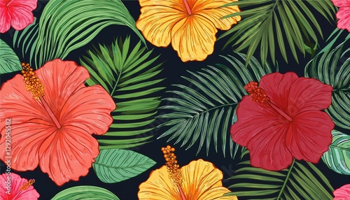Wallpaper Mural seamless hand drawn tropical  pattern with bright hibiscus flowers and exotic palm leaves on dark background Torontodigital.ca