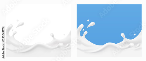 Milk splash seamless patterns. 3d realistic yogurt wave borders on white and blue backgrounds. Vector milky package designs