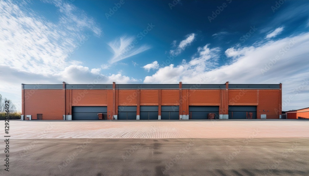Obraz premium industrial warehouse exterior under blue sky with clouds showcasing logistics center design featuring urban brick and clear space for text