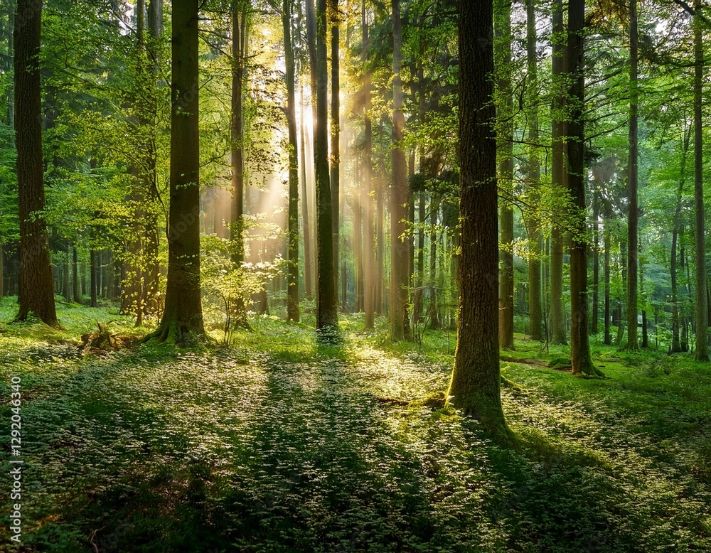 Obraz premium serene forest landscape with tall trees and soft sunlight filtering through lush green foliage