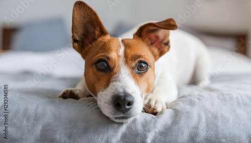 cute lovely small jack russell dog resting on bed during daytime funny ear up pets indoors at home