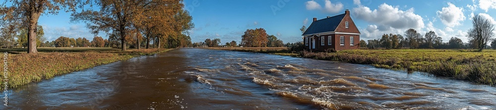 Large river current flooding rural farmland and house. Generative AI