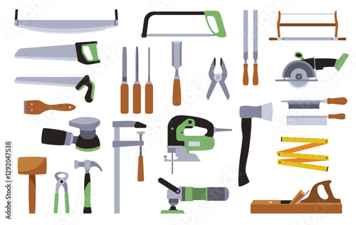 Woodworking tool set. Stickers collection. Electric saw. Plane and axe. Woodcutter professional equipment, carpenter working, construction instrument. Vector cartoon flat isolated illustration