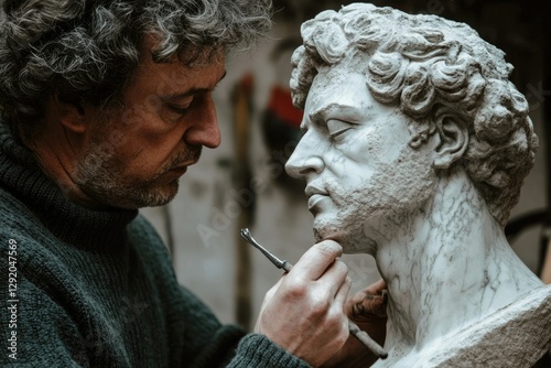 A sculptor meticulously chisels a marble bust, showcasing his artistry and dedication to detail.