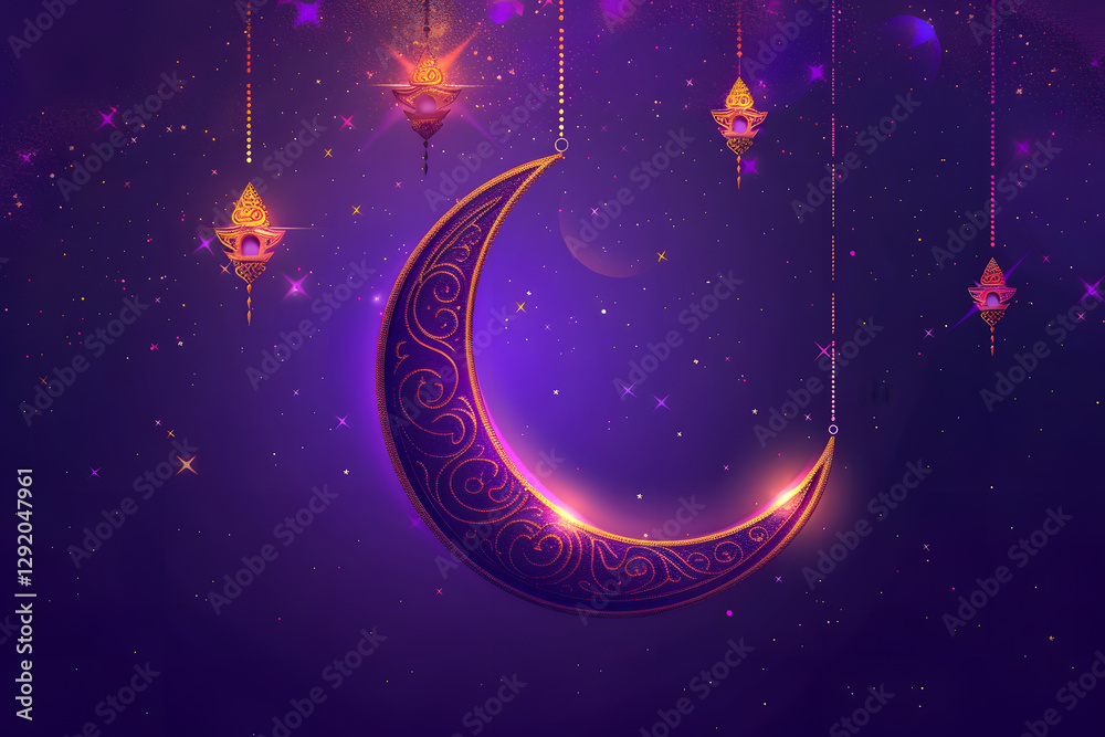 Fototapeta premium Enchanted crescent moon with hanging lanterns