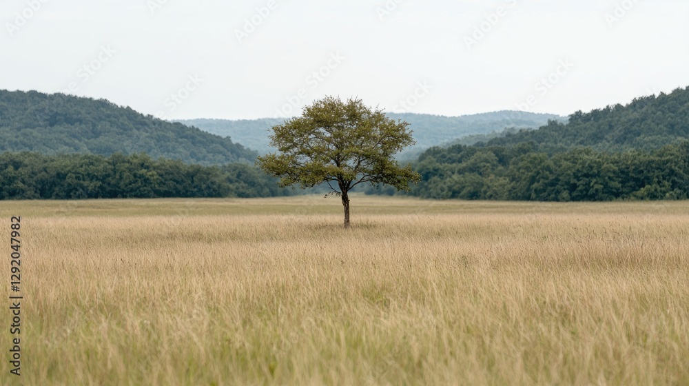 Lone tree in grassy field, hills background, peaceful nature scene, stock photo Lone tree in grassy field, hills background, peaceful nature scene, stock photo