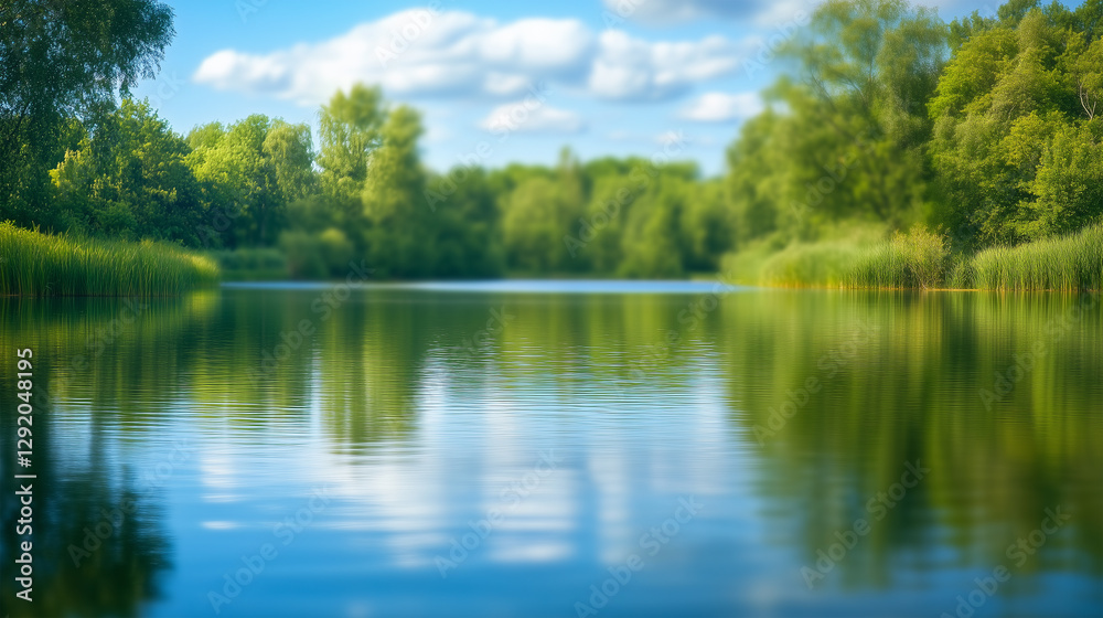 Tranquil river landscape with lush greenery reflected in calm waters on a sunny day Tranquil river landscape with lush greenery reflected in calm waters on a sunny day