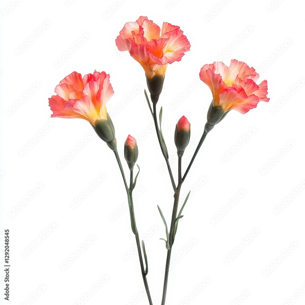 Pink Carnation flowers isolated on white background. Floral object, clipping path. Delicate carnation head flower, composition for advertising and packaging design. DOF, shallow depth of field Pink Carnation flowers isolated on white background. Floral object, clipping path. Delicate carnation head flower, composition for advertising and packaging design. DOF, shallow depth of field