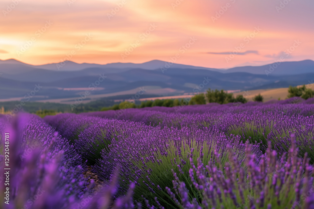 Lavender fields bloom under a vibrant sunset in the countryside, showcasing nature's beauty at dusk Lavender fields bloom under a vibrant sunset in the countryside, showcasing nature's beauty at dusk