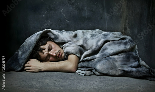 Distressed young man sleeping under a blanket in a dark corner