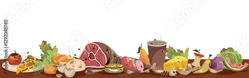 Table of leftovers and spoiled foodstuffs. Waste organic products, flying insects, rotting vegetables and fruits, stinking meat, natural trash. Cartoon flat style isolated vector concept