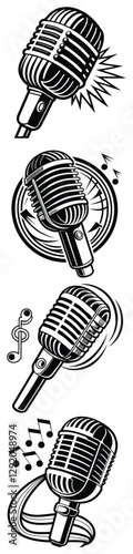  Set of five vintage microphones with sound effects and musical notes vector illustrations