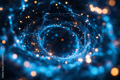 Abstract representation of a digital vortex with glowing particles and interconnected lines