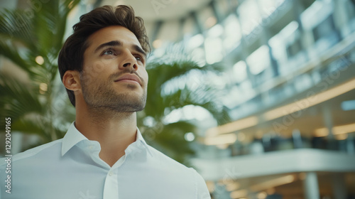 Portrait of a thoughtful businessman looking up in a modern office building, dreaming about the future of his company