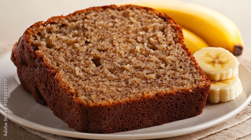 Slice of banana bread on plate, with banana slices and fruit in background, for dessert or snack Slice of banana bread on plate, with banana slices and fruit in background, for dessert or snack