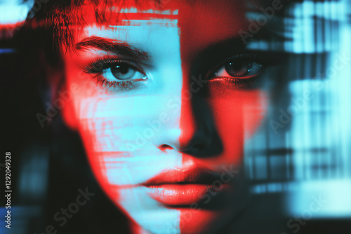 Portrait of a young woman with striking features and vivid colors in an artistic expression of light and shadow