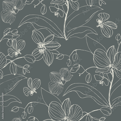 hand-drawn seamless orchid patterns featuring elegant floral designs, perfect for textiles, wallpapers, and stationery