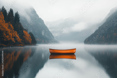 Solitary Wooden Rowboat Floating on a Calm Alpine Lake Surrounded by Misty Mountains and Autumnal Forest