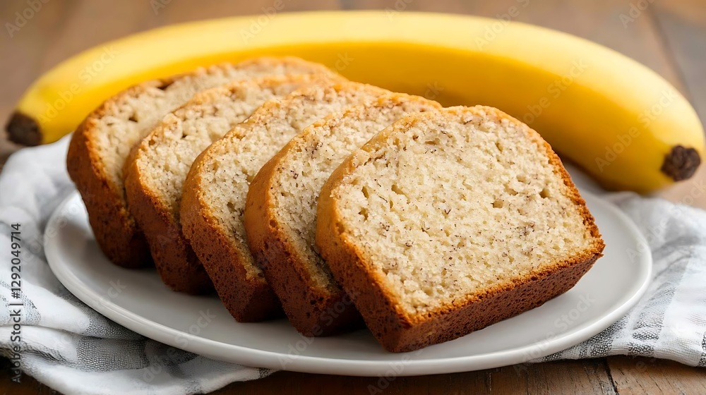Sliced banana bread on plate with whole banana, wooden background Sliced banana bread on plate with whole banana, wooden background