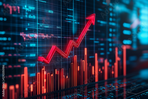Grafische Anzeige in rot blau von Analysen und Trendprognosen, Präsentation mit dynamischem Diagramm und einem steigenden Kursverlauf mit steigendem Gewinnen