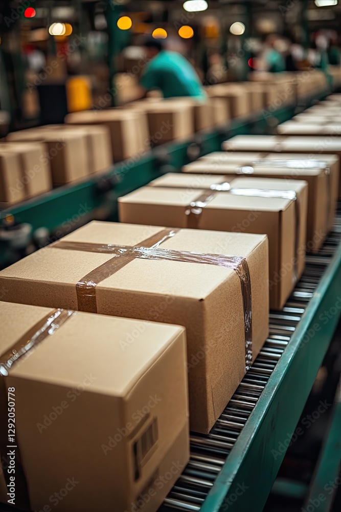 Cardboard boxes move on conveyor belt; taped securely for shipping and transit. Shows efficient warehouse or factory process; ideal for logistics, manufacturing. Cardboard boxes move on conveyor belt; taped securely for shipping and transit. Shows efficient warehouse or factory process; ideal for logistics, manufacturing.