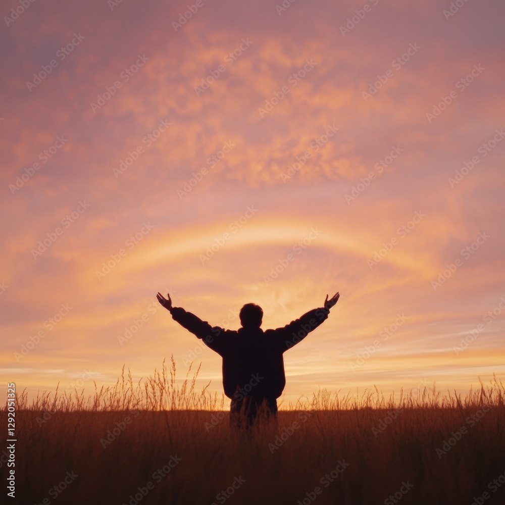 Silhouette of Person with Arms Raised at Sunset. Silhouette of Person with Arms Raised at Sunset.
