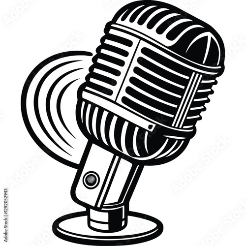 18 Retro microphone with sound waves and a classic stand in black and white vector illustration