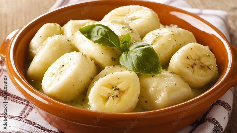 Sliced bananas in dish with sauce, fresh basil garnish on rustic wooden background, recipe illustration Sliced bananas in dish with sauce, fresh basil garnish on rustic wooden background, recipe illustration