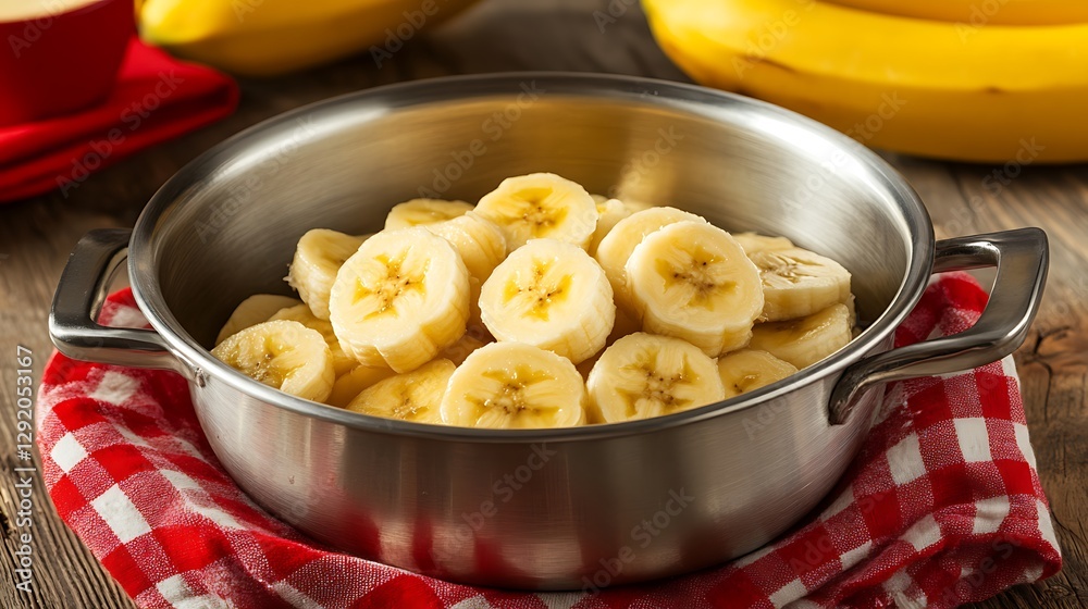Sliced bananas in metal pot, resting on a checkered napkin, background fruit; used for cooking, recipes Sliced bananas in metal pot, resting on a checkered napkin, background fruit; used for cooking, recipes