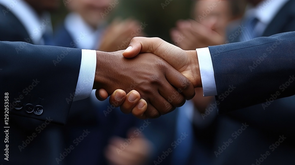 Close-up of two men shaking hands, suits, blurred background. Illustrates business partnership, agreement, or collaboration. Close-up of two men shaking hands, suits, blurred background. Illustrates business partnership, agreement, or collaboration.