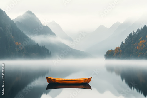 Yellow wooden boat floating on a misty lake surrounded by mountains and autumn foliage in a tranquil scene