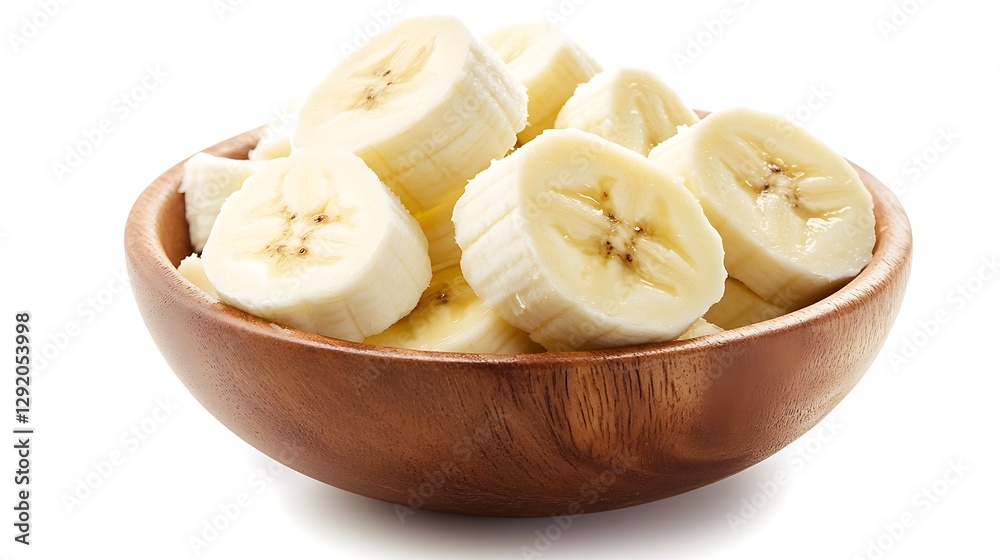Sliced Bananas in Wooden Bowl on White Background Sliced Bananas in Wooden Bowl on White Background