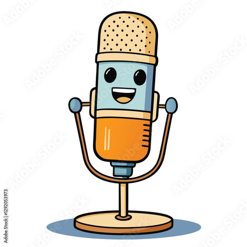 17 Cartoon microphone character with a happy face, cute and colorful illustration of a microphone on a stand with a smiling expression