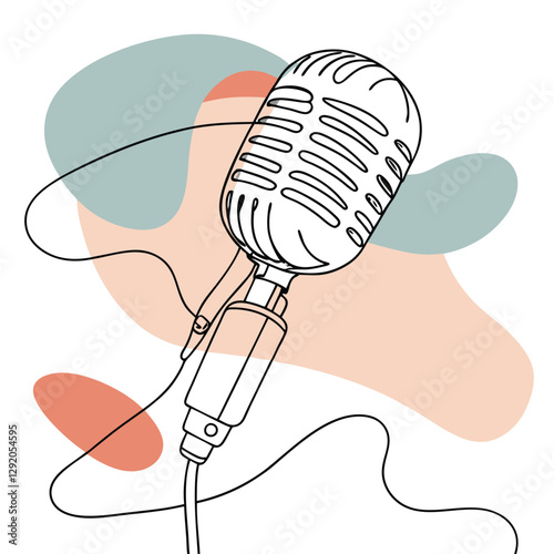 Line art illustration of a microphone with a cable, minimalistic audio and music design
