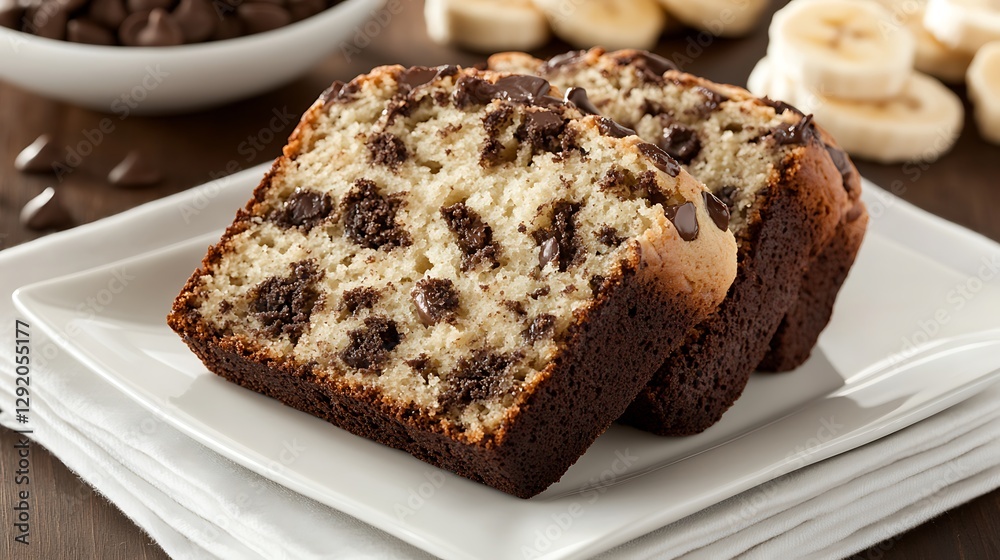 Sliced chocolate chip banana bread on a plate, with banana slices and chocolate chips in background Sliced chocolate chip banana bread on a plate, with banana slices and chocolate chips in background
