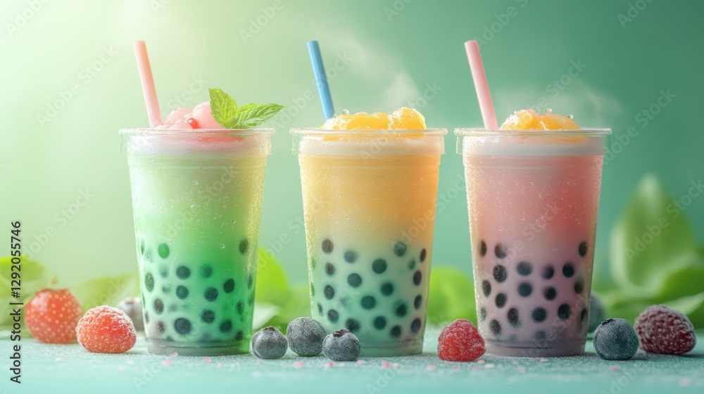3D vector icon of bubble tea with mixed fruit flavors, realistic textures and colors, pastel green background 3D vector icon of bubble tea with mixed fruit flavors, realistic textures and colors, pastel green background