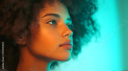 Young woman with voluminous afro glowing under vibrant orange and turquoise lighting