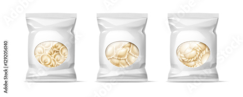 Packaging different types dumplings. Realistic isolated plastic bags with frozen food, blank white package for product design. Ravioli, varenyky and pelmeni. Graphic mockup. Vector concept