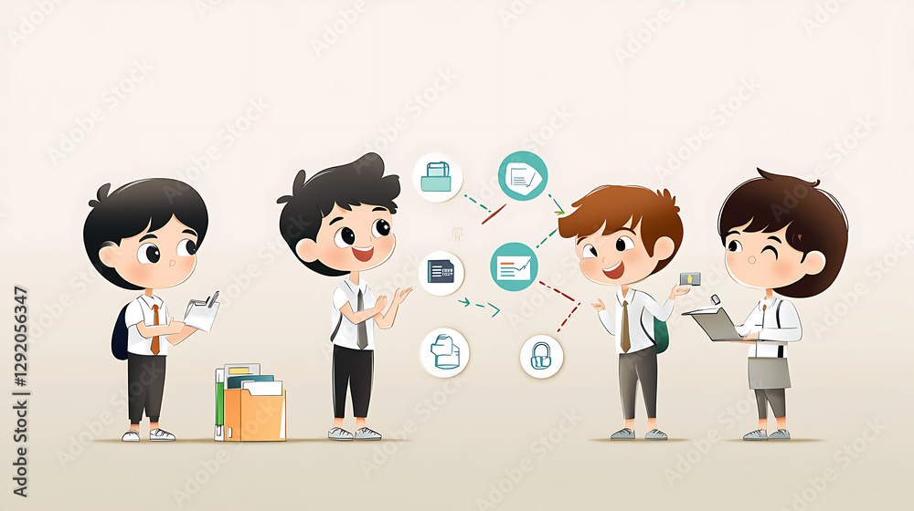 A group of children are standing around a table with a lot of papers and books. generated using AI A group of children are standing around a table with a lot of papers and books. generated using AI