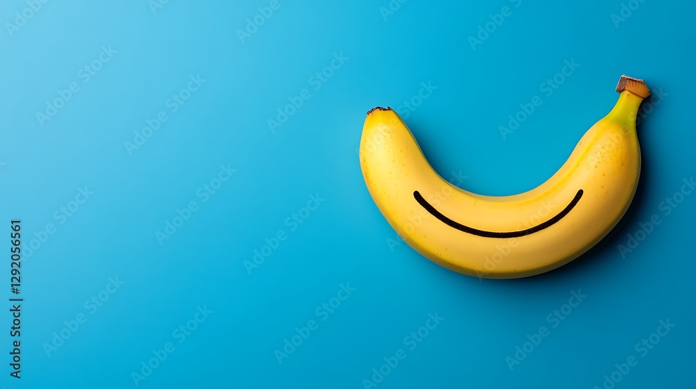 Smiling banana on blue background, for healthy lifestyle and food concepts Smiling banana on blue background, for healthy lifestyle and food concepts