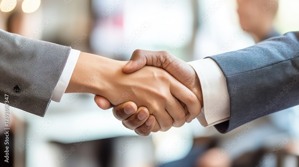 a?? Two business professionals shaking hands, emphasizing leadership and partnership in a corporate meeting a?? Two business professionals shaking hands, emphasizing leadership and partnership in a corporate meeting