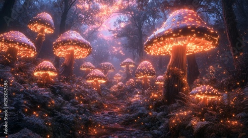 Glowing Mushroom Path Through a Mystical Forest. Generative AI photo