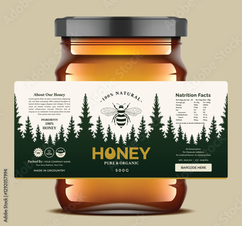 Premium artistic honey jar label featuring a unique vintage-modern blend. forest silhouette design and bold golden text create a striking appearance for organic honey packaging.