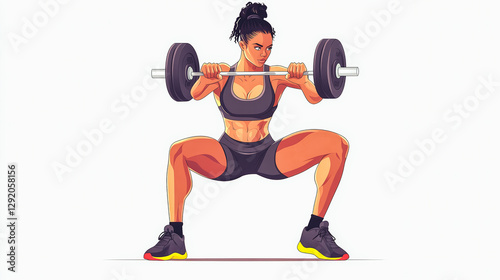 A woman is lifting a barbell in a cartoonish style