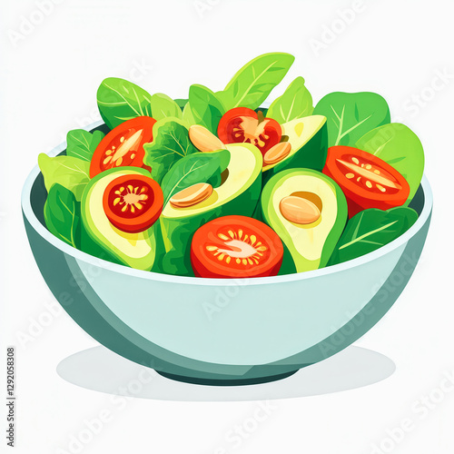 A bowl of salad with avocado, tomatoes, and lettuce