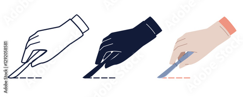 Hands with scalpel. Black silhouette and line icon. Professional medical equipment for surgical operation. Steel blade, doctor hand in gloves. Cartoon flat style isolated vector set