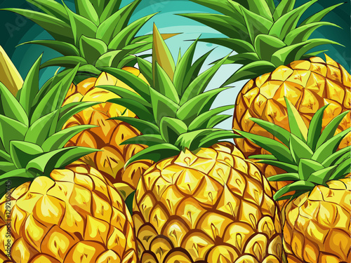 vector of A close-up view of several ripe pineapples, showing the yellow fruit and green leaves