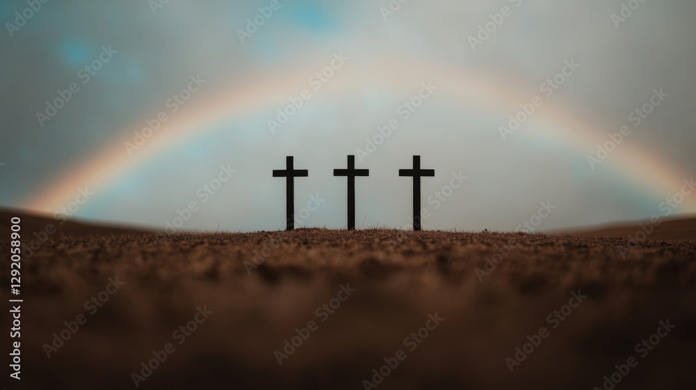 Fototapeta premium Three crosses under a rainbow on a hill in the afternoon. Three crosses on a hill of wet grass in the soft sunset light.