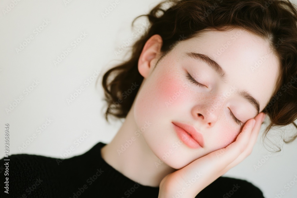 Woman resting face on hand with eyes closed Woman resting face on hand with eyes closed