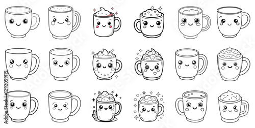 Kawaii Coffee Mug Vector Set – Cute Hot Chocolate and Tea Cup Line Art Illustrations for Stickers, Coloring Books, Kids Designs, and Digital Art

